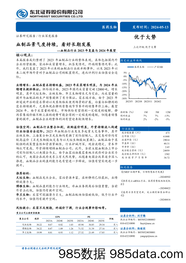 血制品行业2023年复盘与2024年展望：血制品景气度持续，看好长期发展-240513-东北证券