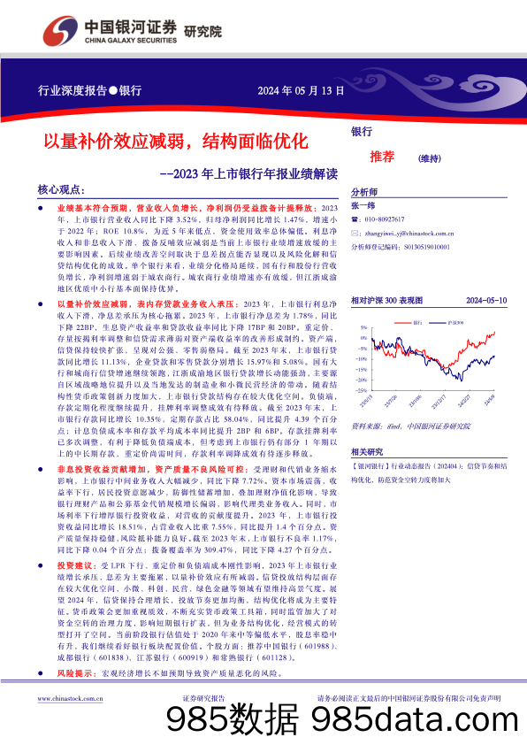 银行业2023年上市银行年报业绩解读：以量补价效应减弱，结构面临优化-240513-银河证券