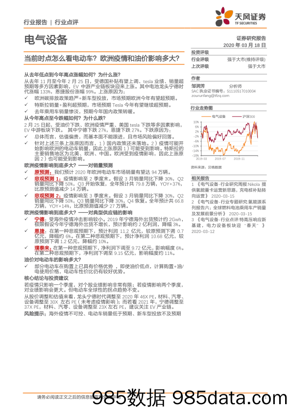 电气设备行业报告：当前时点怎么看电动车？欧洲疫情和油价影响多大？_天风证券