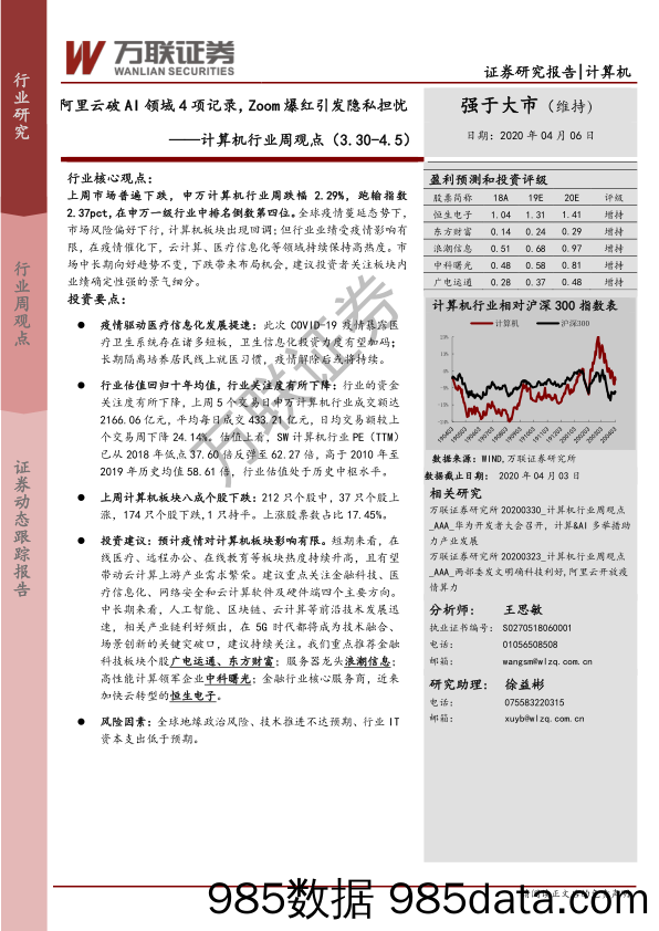 计算机行业周观点：阿里云破AI领域4项记录，Zoom爆红引发隐私担忧_万联证券