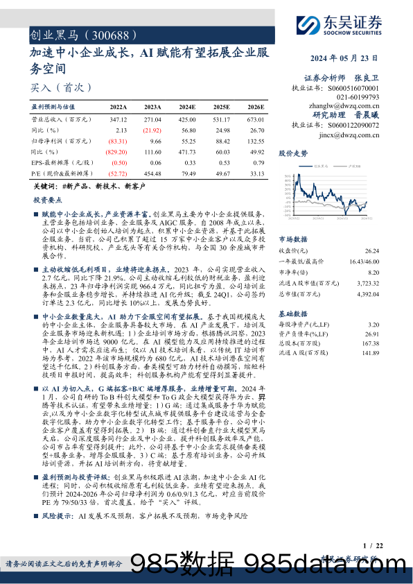 创业黑马(300688)加速中小企业成长，AI赋能有望拓展企业服务空间-240523-东吴证券