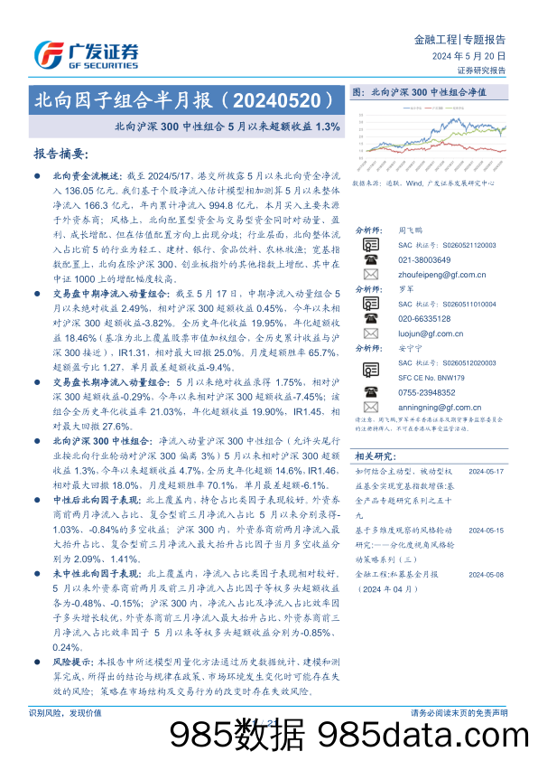 北向因子组合半月报：北向沪深300中性组合5月以来超额收益1.3%25-240520-广发证券