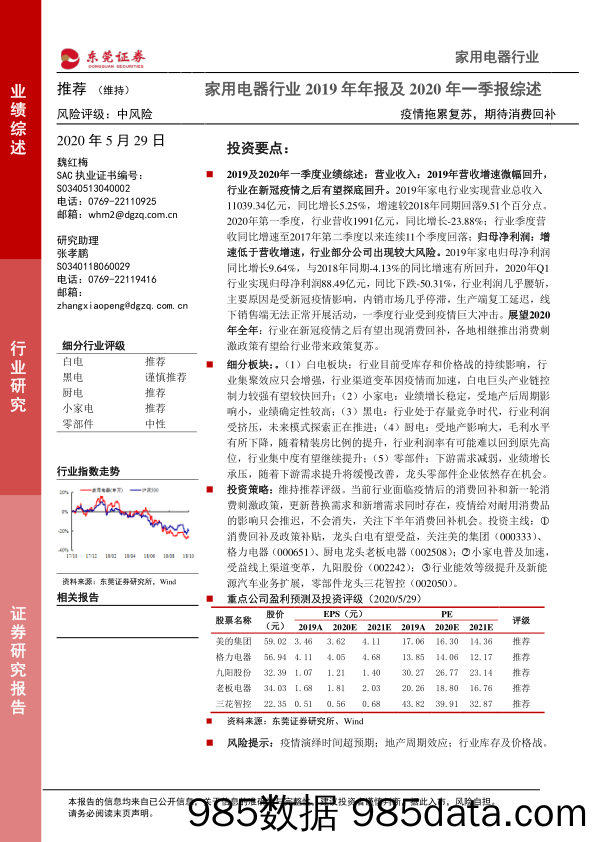 家用电器行业2019年年报及2020年一季报综述：疫情拖累复苏，期待消费回补_东莞证券