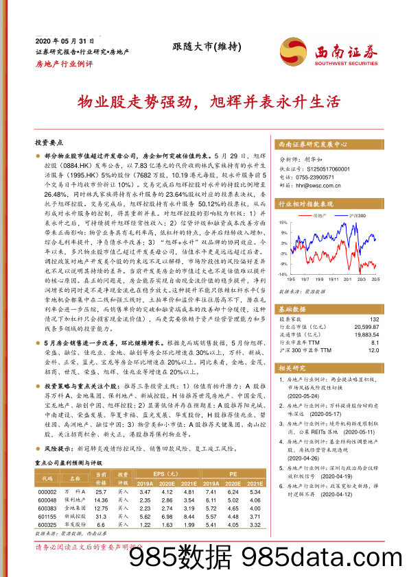 房地产行业例评：物业股走势强劲，旭辉并表永升生活_西南证券