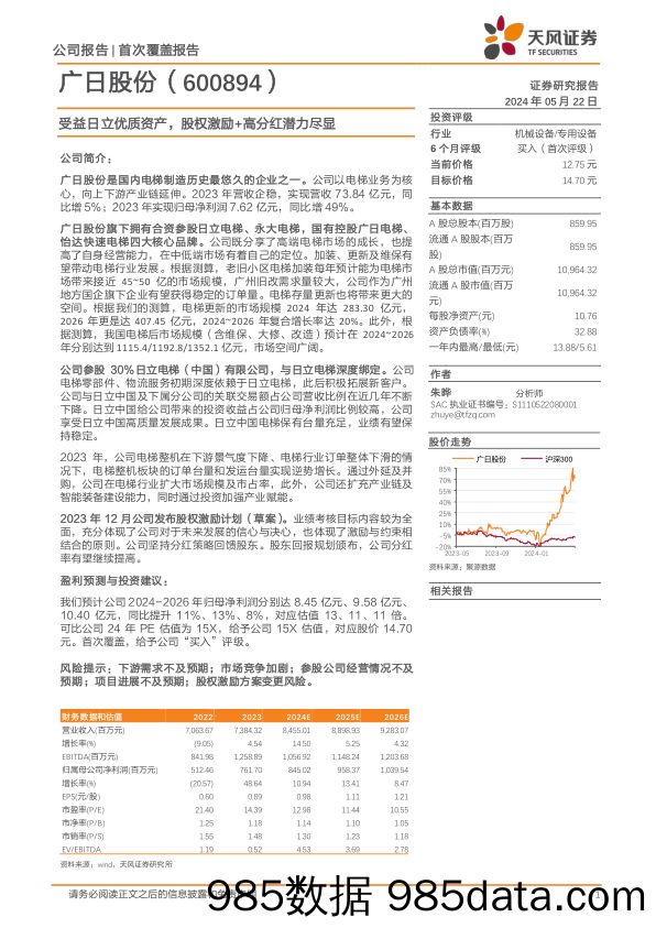 广日股份-600894.SH-受益日立优质资产，股权激励+高分红潜力尽显-20240522-天风证券