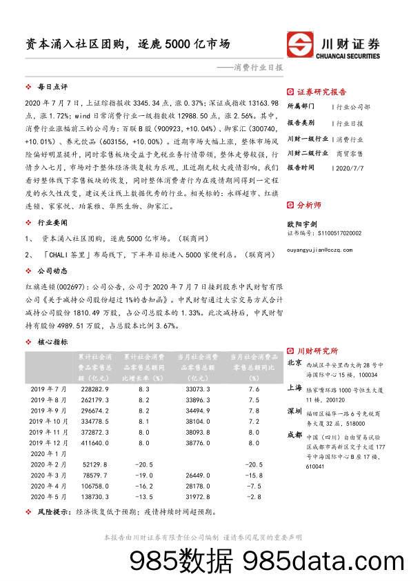 消费行业日报：资本涌入社区团购，逐鹿5000亿市场_川财证券