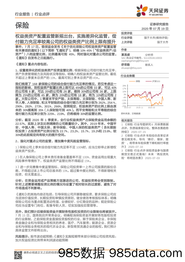 保险行业点评：权益类资产配置监管新规出台，实施差异化监管，偿付能力充足率较高公司的权益类资产比例上限有提升_天风证券