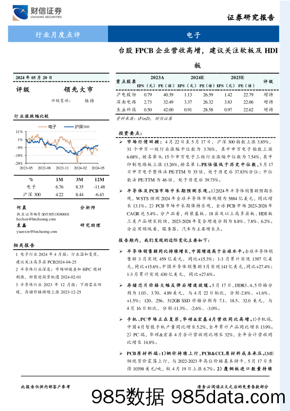 电子行业月度点评：台股FPCB企业营收高增，建议关注软板及HDI板-240520-财信证券