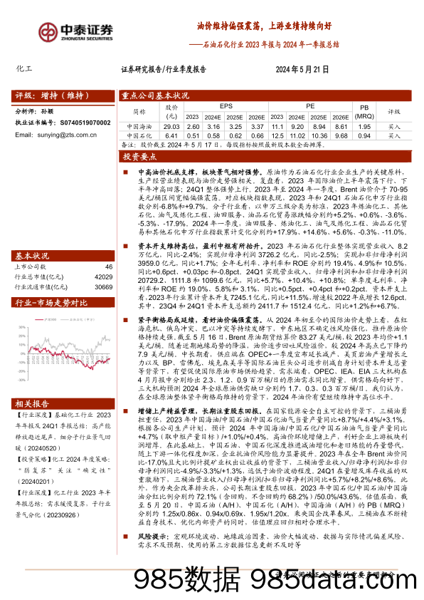 石油石化行业2023年报与2024年一季报总结：油价维持偏强震荡，上游业绩持续向好-240521-中泰证券