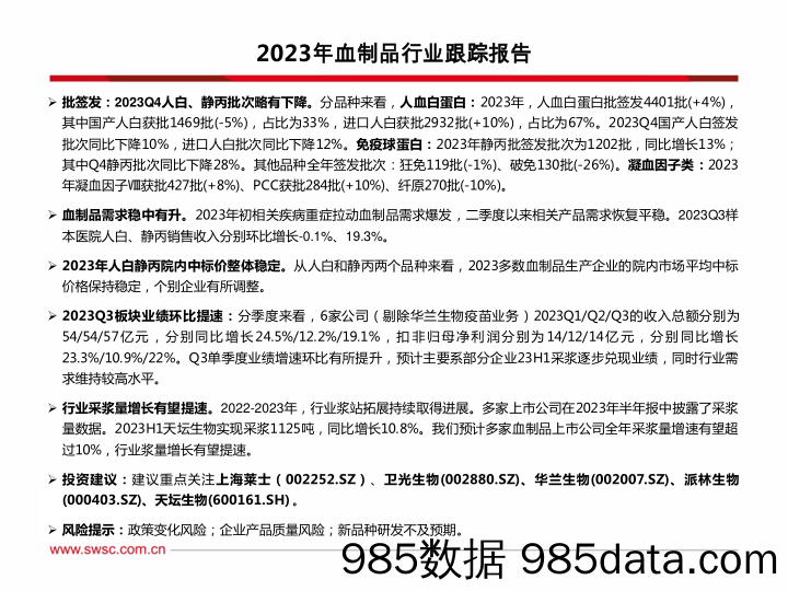 2023年血制品行业跟踪报告（附批签发）-20240130-西南证券插图1