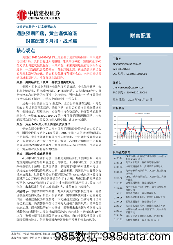 财富配置5月报·战术篇：通胀预期回落，黄金谨慎追涨-240523-中信建投