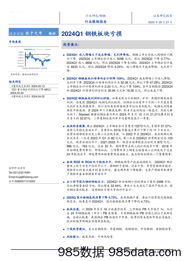 钢铁行业跟踪报告：2024Q1钢铁板块亏损-240521-海通证券