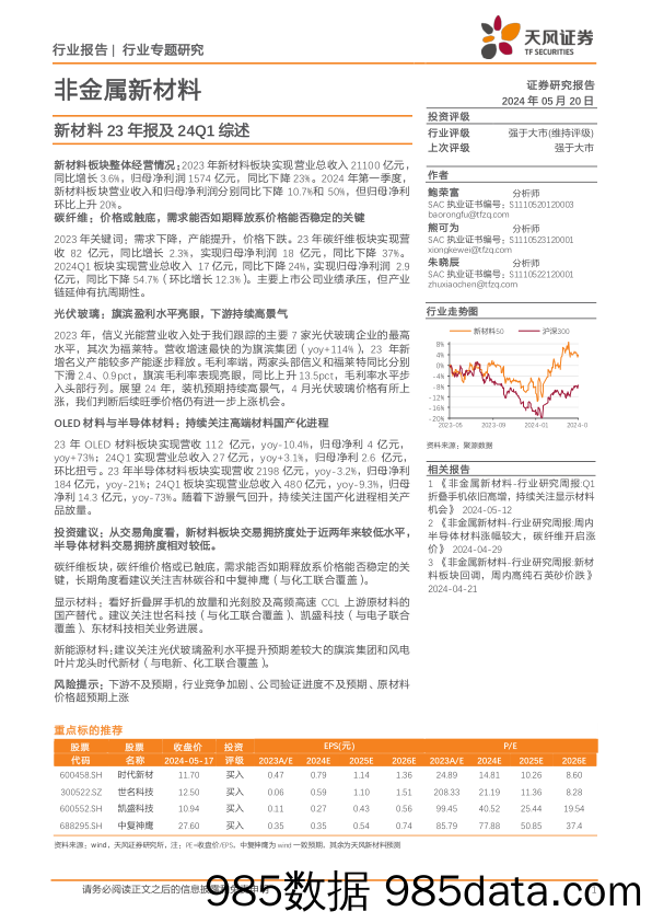 非金属新材料行业专题研究：新材料23年报及24Q1综述-240520-天风证券