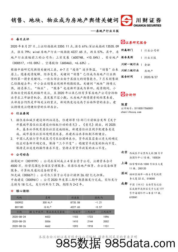 房地产行业日报：销售、地块、物业成为房地产舆情关键词_川财证券