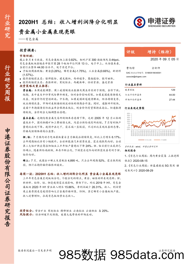 有色金属2020H1总结：收入增利润降分化明显 贵金属小金属表现亮眼_申港证券