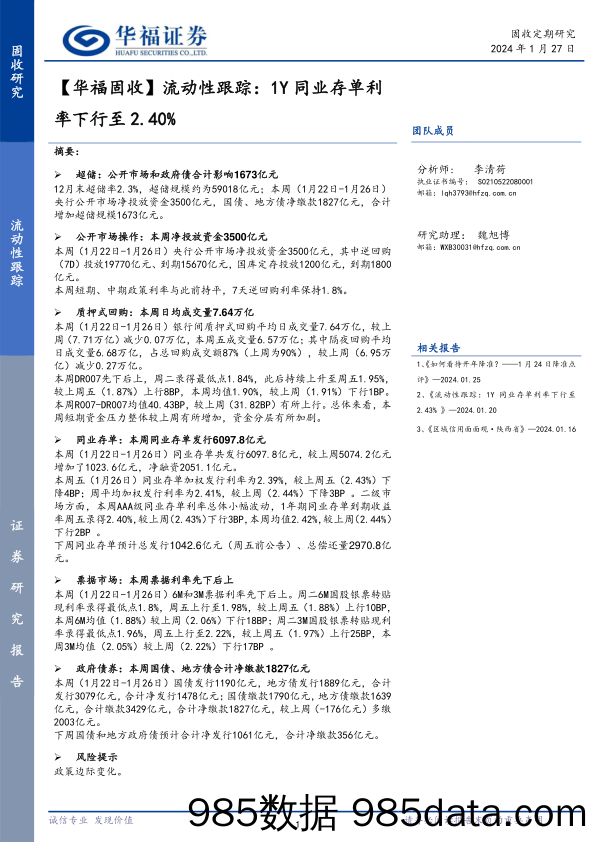 【华福固收】流动性跟踪：1Y同业存单利率下行至2.40%-20240127-华福证券