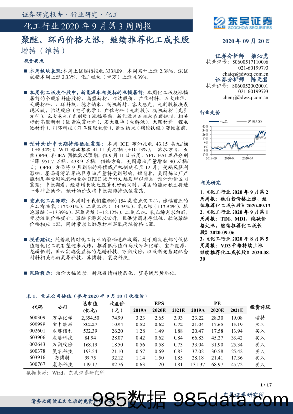 化工行业2020年9月第3周周报：聚醚、环丙价格大涨，继续推荐化工成长股_东吴证券