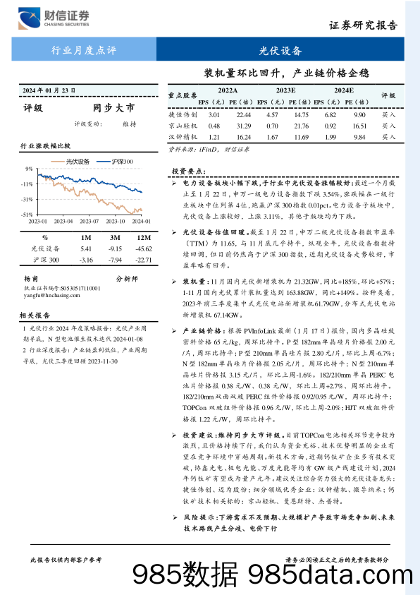 光伏设备行业月度点评：装机量环比回升，产业链价格企稳-20240123-财信证券