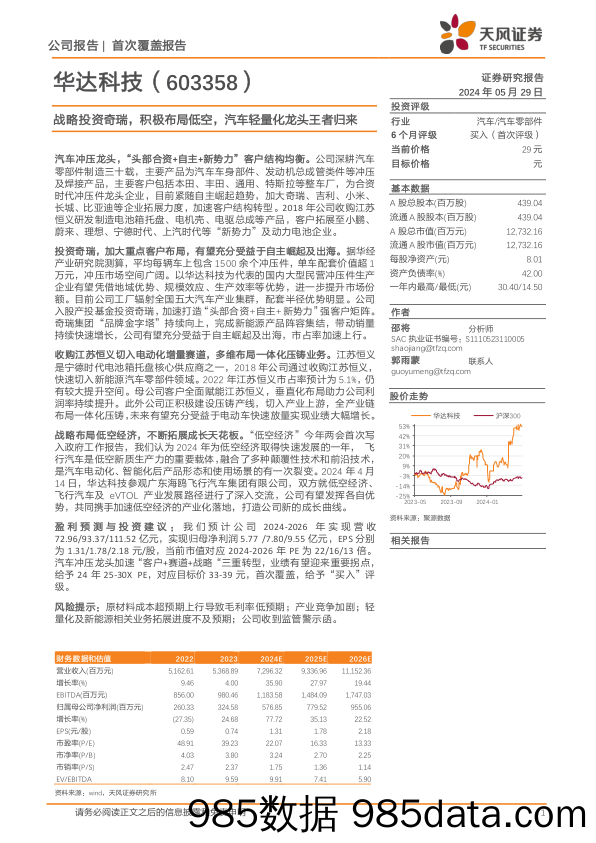 华达科技(603358)战略投资奇瑞，积极布局低空，汽车轻量化龙头王者归来-240529-天风证券