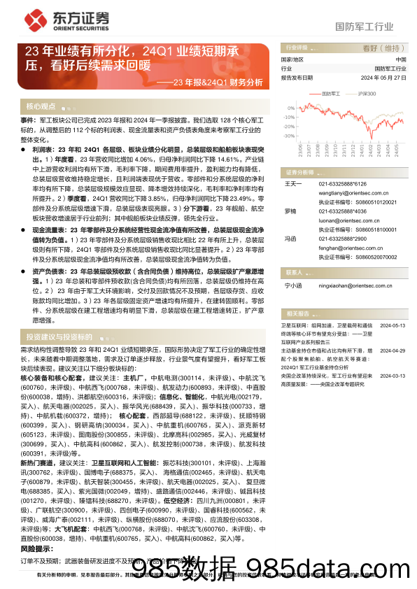 国防军工行业23年报%2624Q1财务分析：23年业绩有所分化，24Q1业绩短期承压，看好后续需求回暖-240527-东方证券