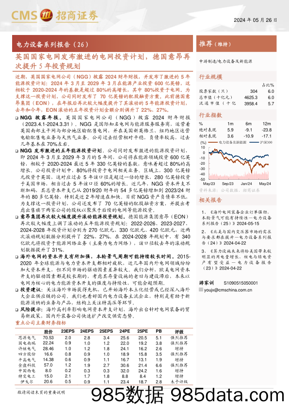 电力设备及新能源行业电力设备系列报告(26)：英国国家电网发布激进的电网投资计划，德国意昂再次提升5年投资规划-240526-招商证券