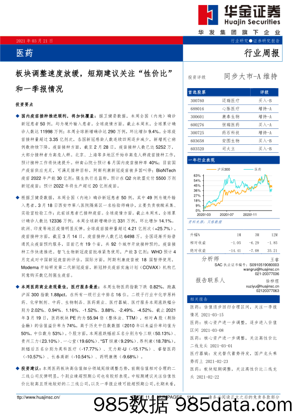 医药行业周报：板块调整速度放缓，短期建议关注“性价比”和一季报情况_华金证券