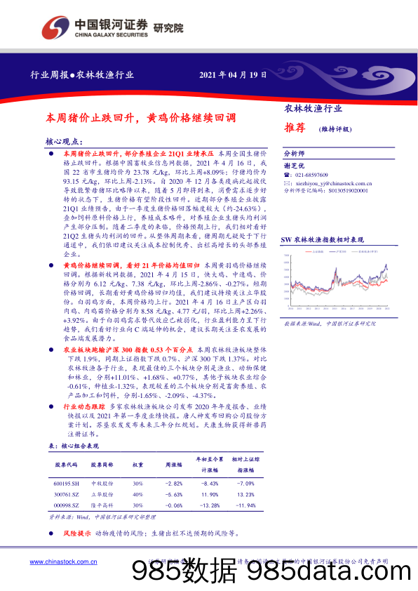 农林牧渔行业：本周猪价止跌回升，黄鸡价格继续回调_中国银河