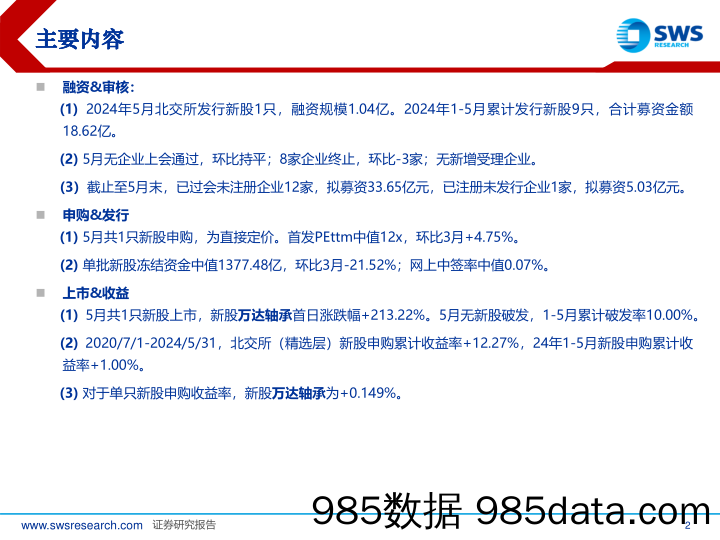 2024年北交所新股申购5月报：新股热度依旧，万达轴承首日涨幅亮眼-240603-申万宏源插图1