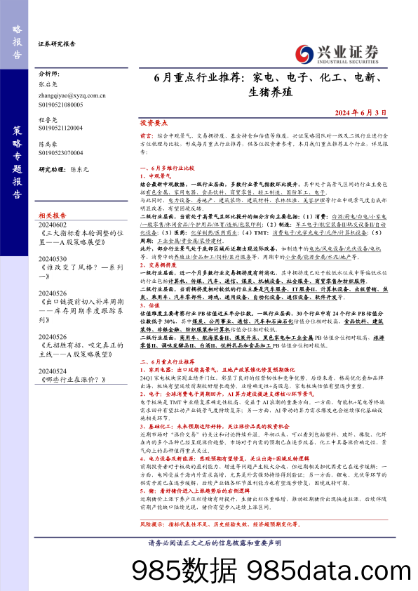 6月重点行业推荐：家电、电子、化工、电新、生猪养殖-240603-兴业证券