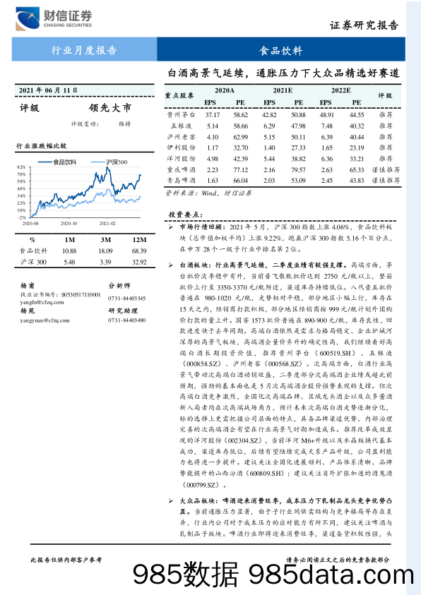 食品饮料行业月度报告：白酒高景气延续，通胀压力下大众品精选好赛道_财信证券