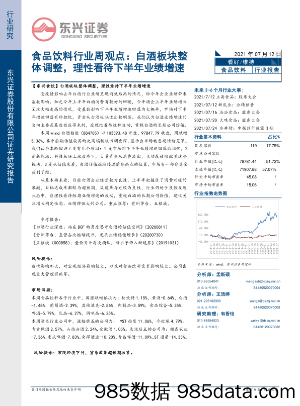 食品饮料行业周观点：白酒板块整体调整，理性看待下半年业绩增速_东兴证券