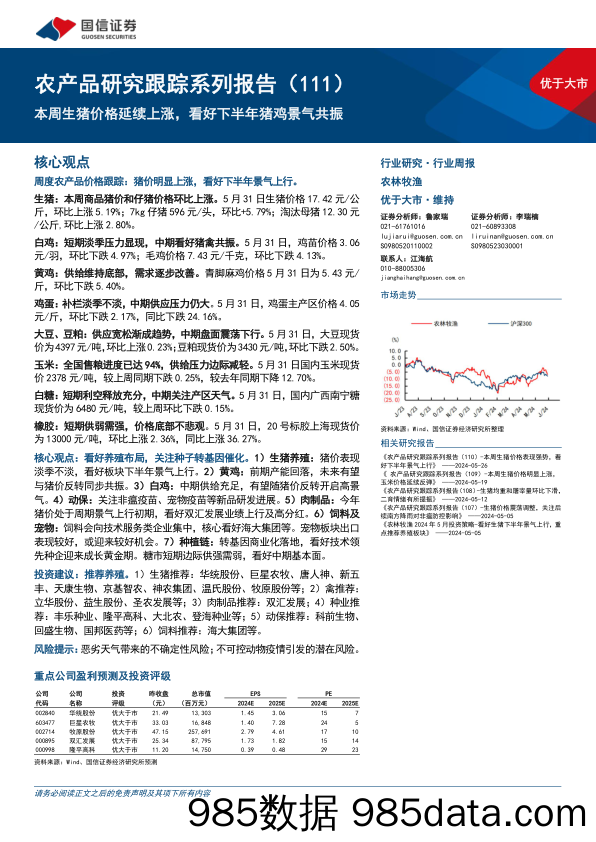 农产品研究跟踪系列报告(111)：本周生猪价格延续上涨，看好下半年猪鸡景气共振-240602-国信证券