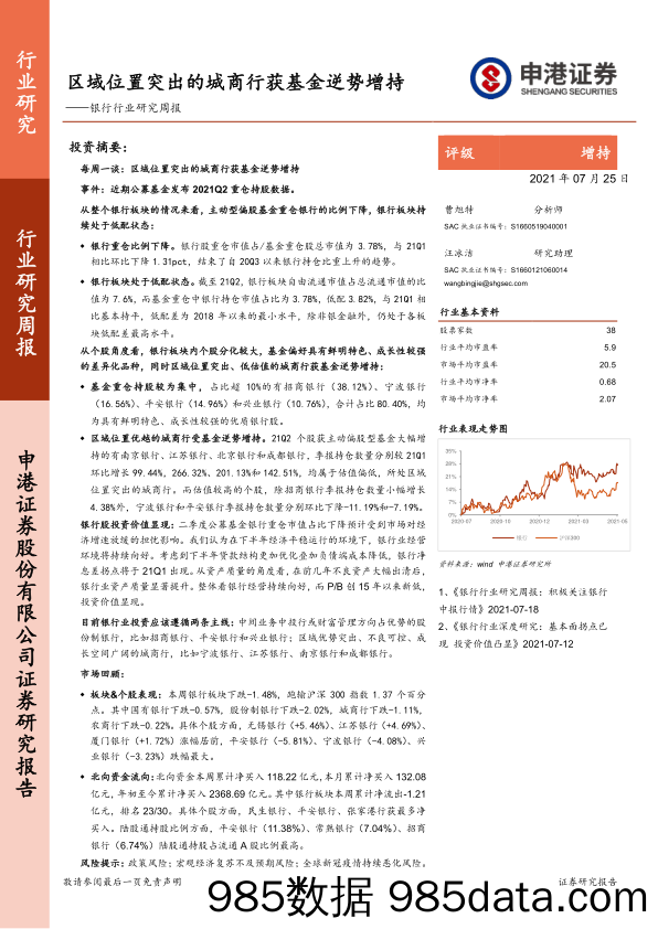 银行行业研究周报：区域位置突出的城商行获基金逆势增持_申港证券