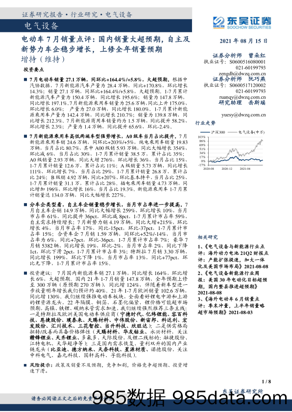 电气设备：电动车7月销量点评：国内销量大超预期，自主及新势力车企稳步增长，上修全年销量预期_东吴证券