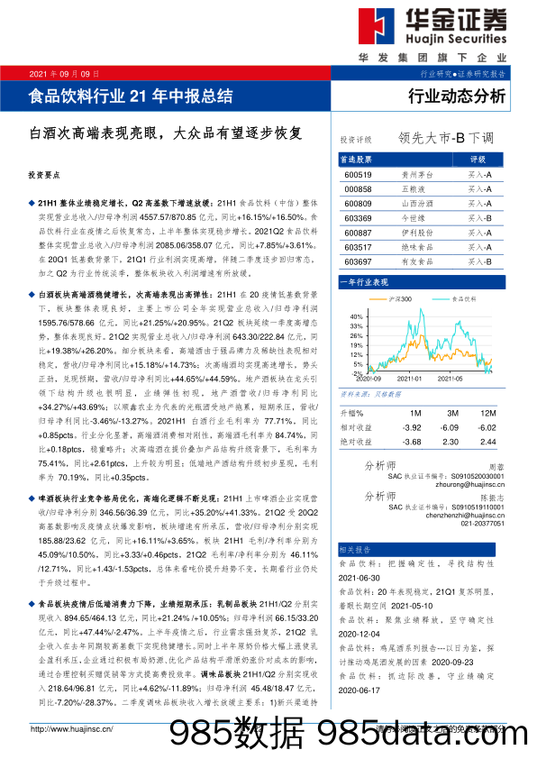 食品饮料行业21年中报总结：白酒次高端表现亮眼，大众品有望逐步恢复_华金证券