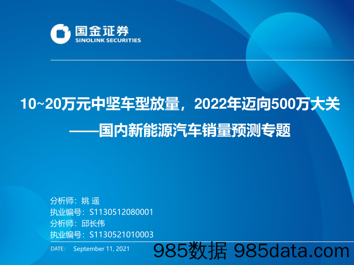 国内新能源汽车销量预测专题：10~20万元中坚车型放量，2022年迈向500万大关_国金证券