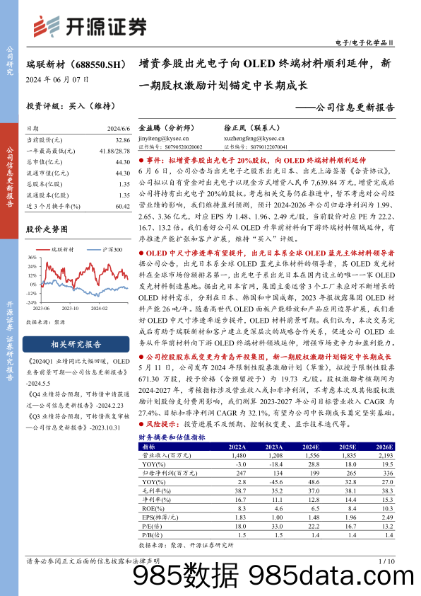 瑞联新材(688550)公司信息更新报告：增资参股出光电子向OLED终端材料顺利延伸，新一期股权激励计划锚定中长期成长-240607-开源证券