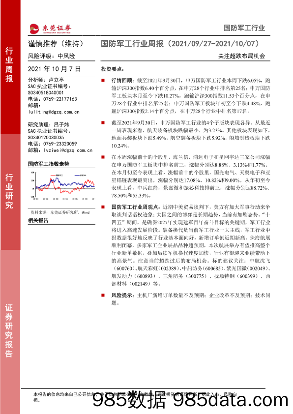 国防军工行业周报：关注超跌布局机会_东莞证券