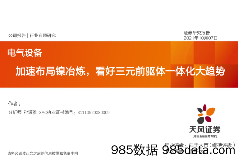 电气设备行业专题研究：加速布局镍冶炼，看好三元前驱体一体化大趋势_天风证券