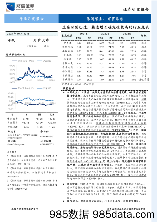 休闲服务、商贸零售行业月度报告：至暗时刻已过，精选增长确定性较高的行业龙头_财信证券