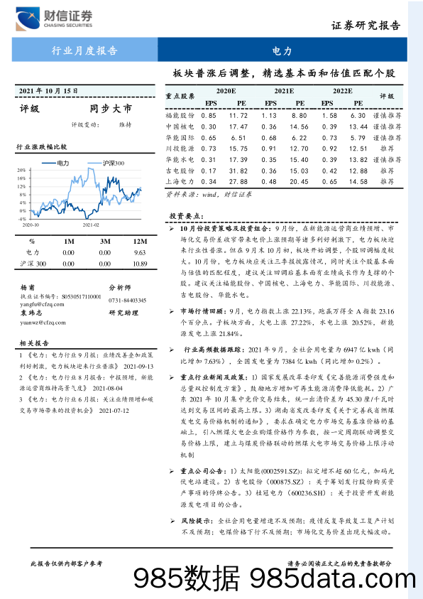 电力行业月度报告：板块普涨后调整，精选基本面和估值匹配个股_财信证券