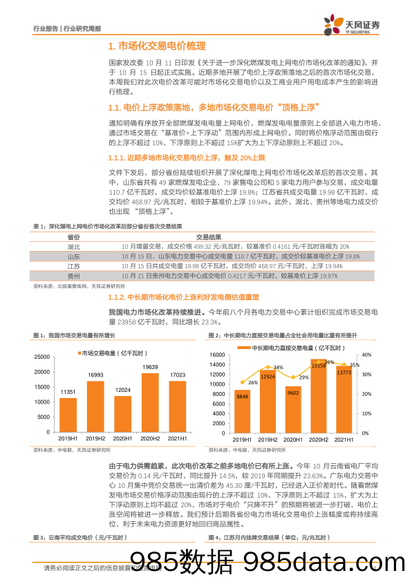 公用事业行业研究周报：多地市场化交易电价上浮触及20%上限_天风证券插图3