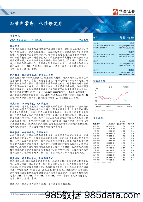 银行业中期策略：经营新常态，估值修复期-240603-华泰证券