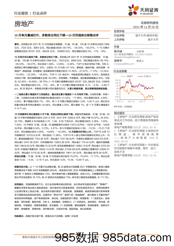 房地产10月百强房企销售点评：10月单月量减价升，多数房企同比下降_天风证券