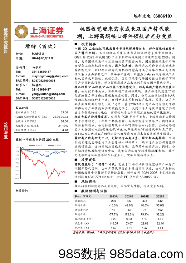 埃科光电(688610)公司深度：机器视觉迎来需求成长及国产替代浪潮，上游高端核心部件领航者充分受益-240611-上海证券