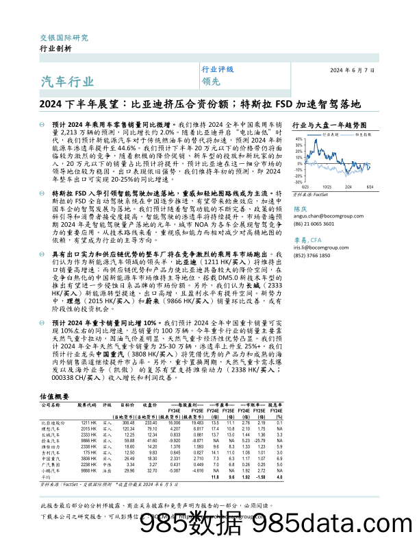 汽车行业2024下半年展望：比亚迪挤压合资份额；特斯拉FSD加速智驾落地-240607-交银国际