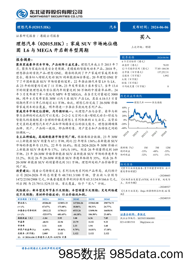 理想汽车(02015.HK)家庭SUV市场地位稳固，L6与MEGA开启新车型周期-240606-东北证券