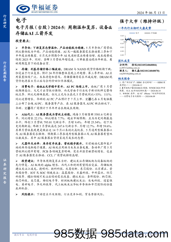 电子行业月报(台股)2024-5：周期温和复苏，设备%26存储%26AI三箭齐发-240613-华福证券