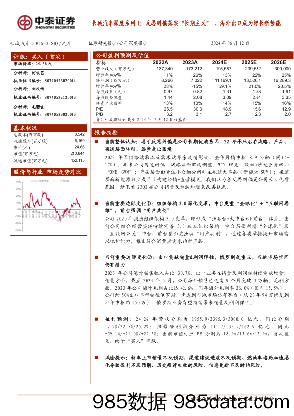 长城汽车(601633)深度系列1：反思纠偏落实“长期主义”，海外出口成为增长新势能-240612-中泰证券