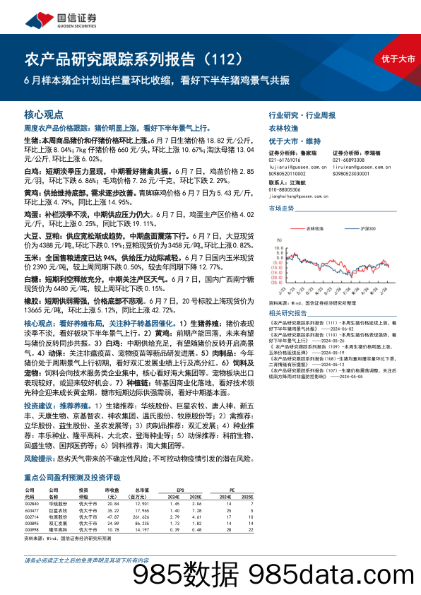 农林牧渔行业农产品研究跟踪系列报告(112)：6月样本猪企计划出栏量环比收缩，看好下半年猪鸡景气共振-240610-国信证券插图